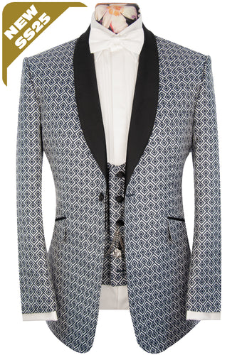 The Peregrine White And Navy Pattern Shawl Dinner Suit